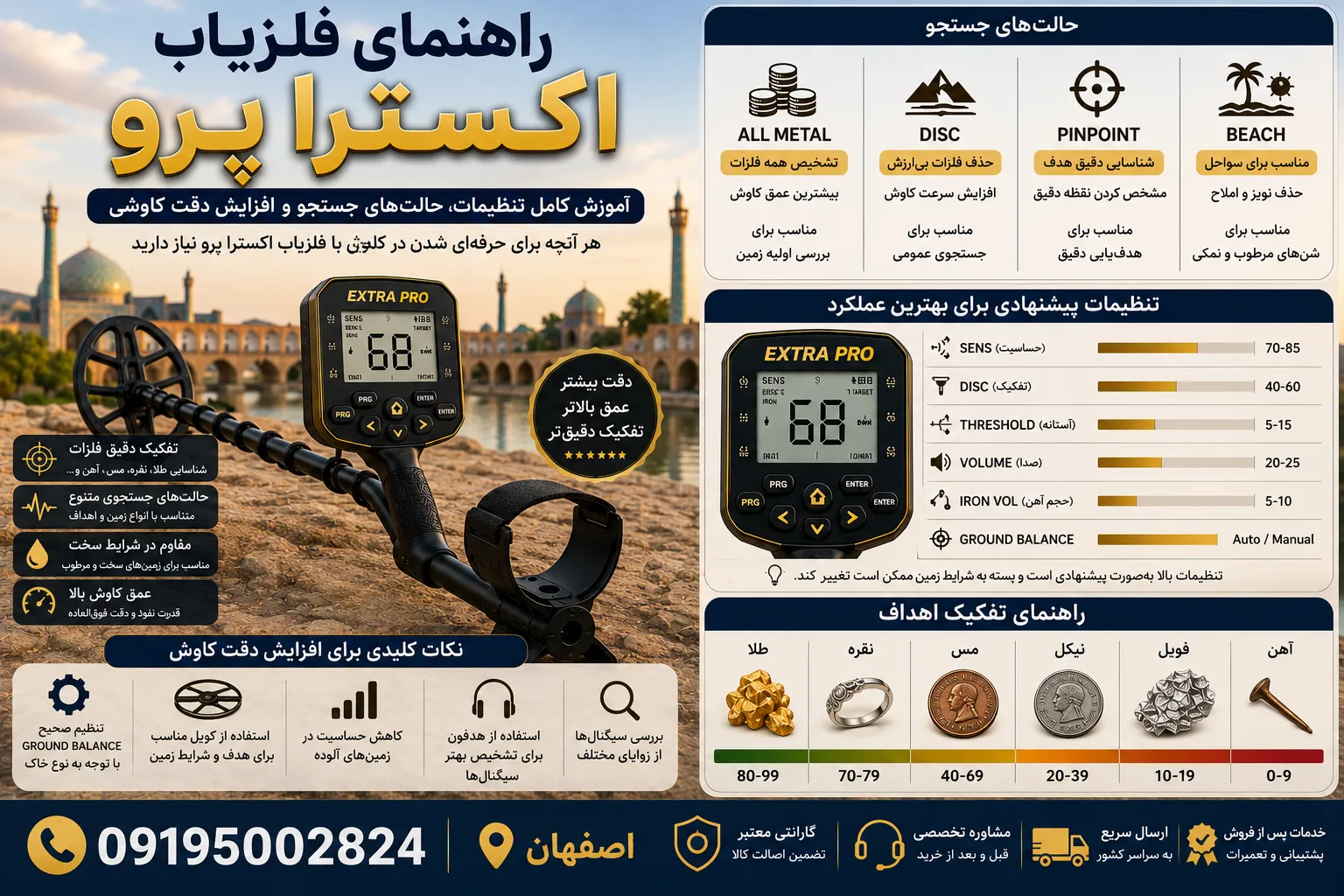 راهنمای فلزیاب اکسترا پرو | آموزش کامل تنظیمات، حالتهای جستجو و افزایش دقت کاوش